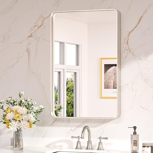 20x30 Inch Rounded Rectangle Bathroom Mirror, Brushed Nickel Wall Mirror