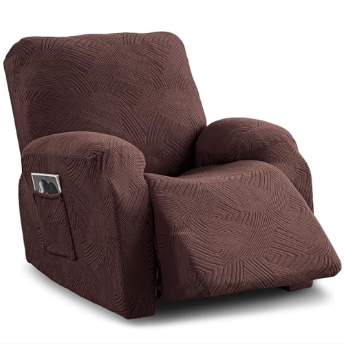Stretch Geometric Jacquard Recliner Chair Cover - 4-Piece Set, Chocolate, Fits 36-46"