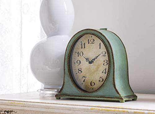 Distressed Aqua Blue Metal Mantel Clock with Wooden Base, 8.5-inch