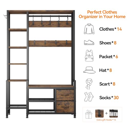 43" Industrial Hall Tree with Shoe Bench, Coat Rack, and Storage Drawers