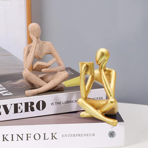 Gold Reading Woman Statue, Abstract Thinker Sculpture for Home Decor