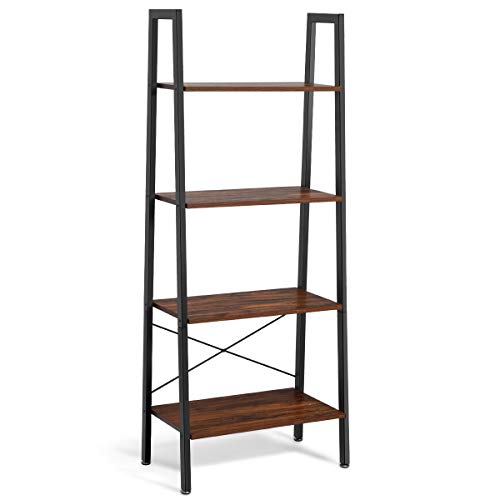 4-Tier Industrial Ladder Shelf - Rustic Brown Wood & Metal Bookshelf