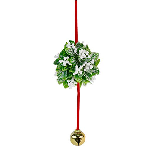 Hanging Mistletoe Kissing Ball Ornament with Bell - 10-Inch Christmas Decor