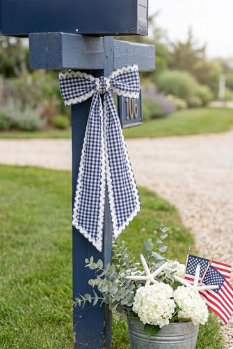 Navy Gingham Front Door Wreath Sash with Scalloped Ric Rac Trim, 4.5 x 56"