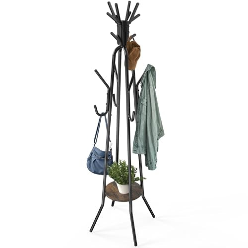 Industrial Standing Coat Rack with 20 Hooks and Storage Shelf, Rustic Brown
