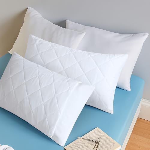 Quilted Waterproof Queen Pillow Protectors - Zippered Breathable Cover, 2 Pack