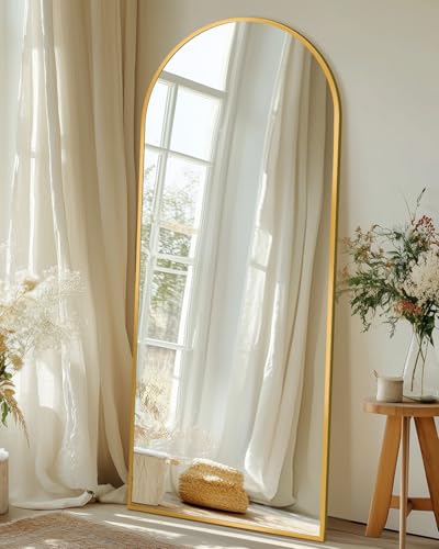 Arched Full Body Mirror with Stand - 58" x 19" Gold Aluminum Frame Floor Mirror
