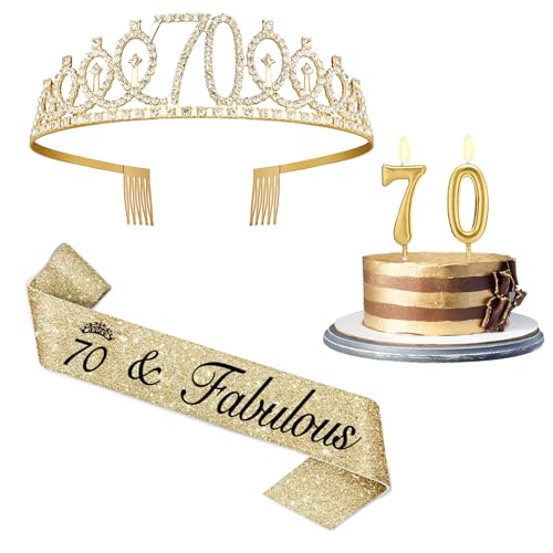 70th Birthday Decorations for Women Gold Tiara Sash and Number Candles