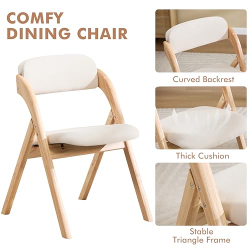Set of 4 Wooden Folding Dining Chairs with Padded Linen Cushions, Beige