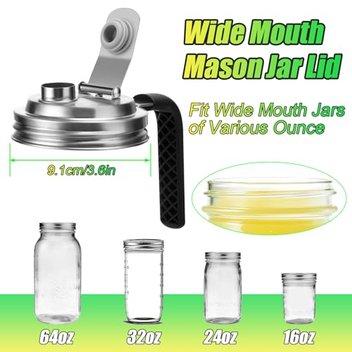Stainless Steel Wide Mouth Mason Jar Pour Spout Lid with Handle (2 Pack)