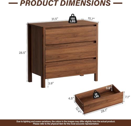 3-Piece Walnut Bedroom Set: 5-Drawer Dresser and Two 3-Drawer Nightstands