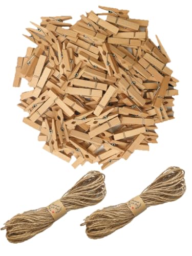 Natural Hanging Photo Display Decor 100 Wooden Clothespins with 64 Feet Jute Twine