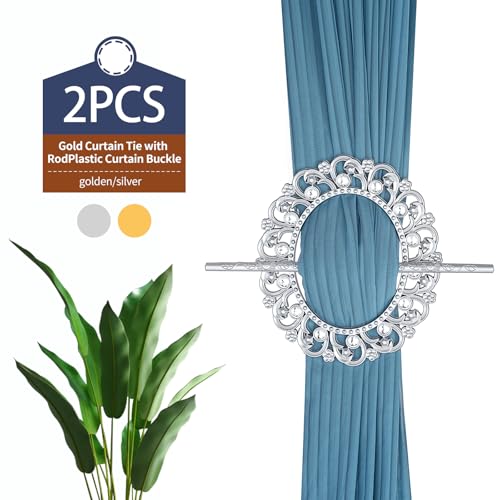 2-Pack Decorative Silver Metal Curtain Tiebacks with Crystal Floral Design