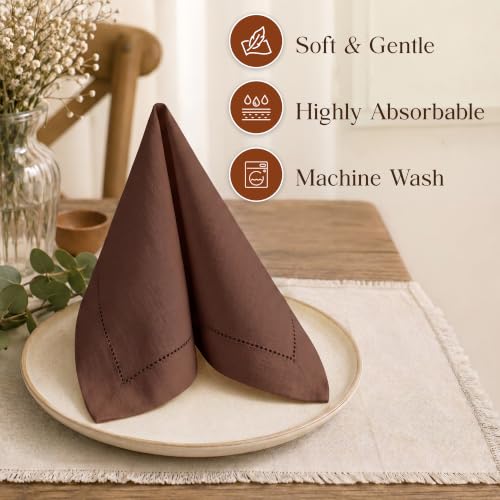100% Cotton Hemstitch Cloth Napkins - Chocolate, 18x18 Inch, Set of 12