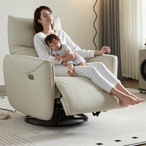 Power Recliner Glider Rocker Chair with 270° Swivel, Beige Leather