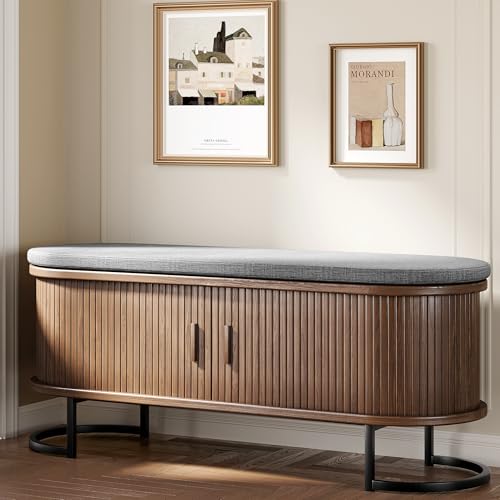 47-Inch Shoe Storage Bench with Cushioned Seat and Sliding Doors