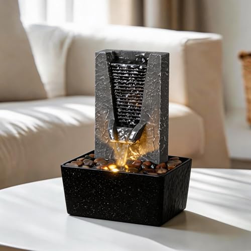 Desktop Water Fountain with LED Light, Small Zen Waterfall for Office Decor