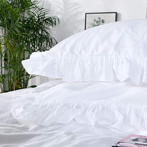 White Ruffled Duvet Cover Set, 3-Piece Queen Washed Cotton Bedding