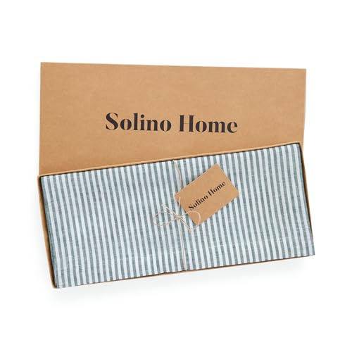 Solino Home Rainforest & White Linen Table Runner 14x90in Narrow Stripe