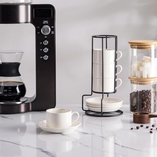 Meichu White 2.5 oz Porcelain Stackable Espresso Cups & Metal Stand Set of 4