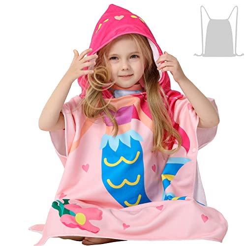 Pink Mermaid Hooded Beach Towel for Toddler Girls - Soft Microfiber Poncho