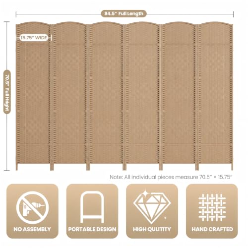6-Panel Woven Room Divider, 6ft Tall Folding Privacy Screen, Light Beige
