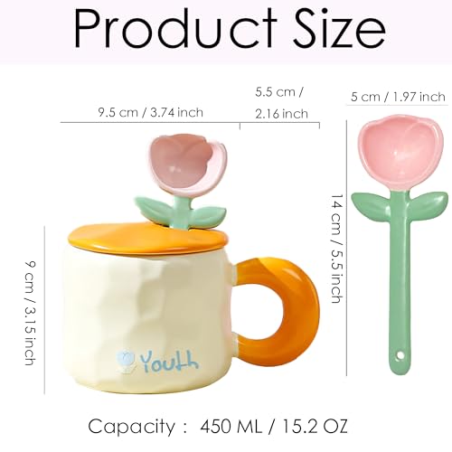 Disoza Pink Tulip 15 OZ Ceramic Coffee Mug with Lid - Floral Tea & Gift for Women