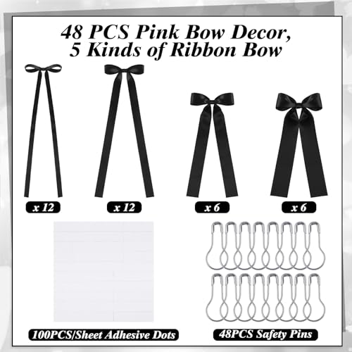 48-Piece Pre-Tied Black Ribbon Bow Decor Set for Wall & Party Backdrop