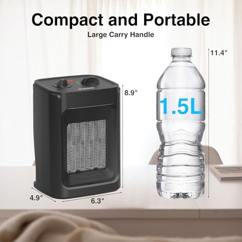 Mini Space Heater Fan Black, 1500W Portable Ceramic Heater for Bedroom & Office