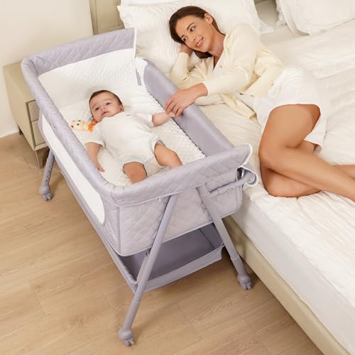 Adjustable Bedside Sleeper Baby Bassinet with Wheels & Mattress - Grey