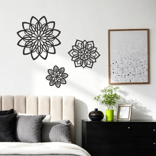 3-Piece Metal Flower Wall Art Set, Black Modern Farmhouse Decor