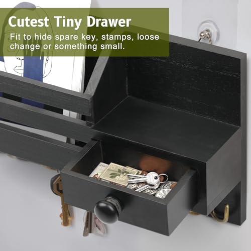 Wall Mount Key and Mail Organizer with 8 Hooks, Drawer, and Shelf