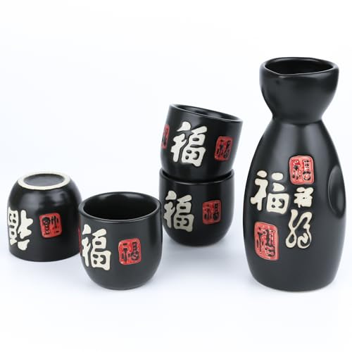 PUNNIO Ceramic Sake Set - 4 Cups & Carafe, Traditional Japanese Drinkware