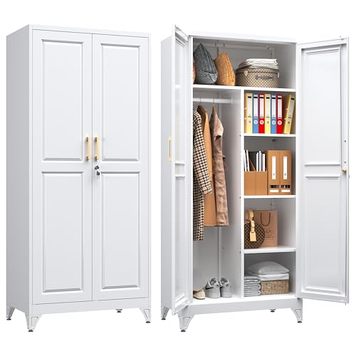 71-Inch Metal Wardrobe Closet with Locking Doors and Adjustable Shelves