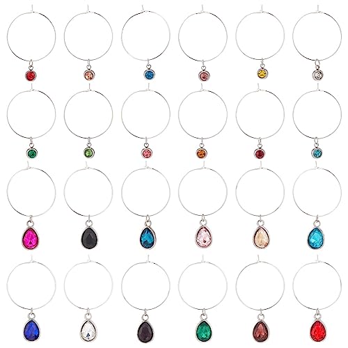 BENECREAT Rhinestone Party Wine Glass Charms 24 Pcs - Birthday Theme Drop & Flat Round Markers