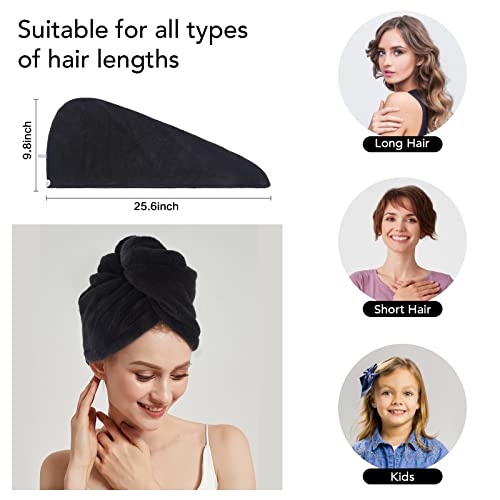 SINLAND Microfiber Hair Drying Cap 3 Pack Black, 25.6 x 9.8 inches - Fast Absorbent Towel for All Hair Types