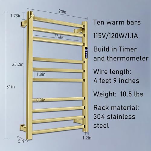 10-Bar Electric Towel Warmer Rack with Timer & Temp Control, Brushed Gold