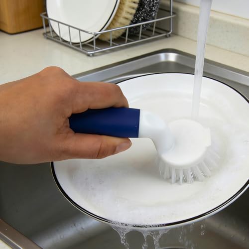 2-Pack Kitchen Dish Brush with Handle & Built-In Scraper for Sink & Tile