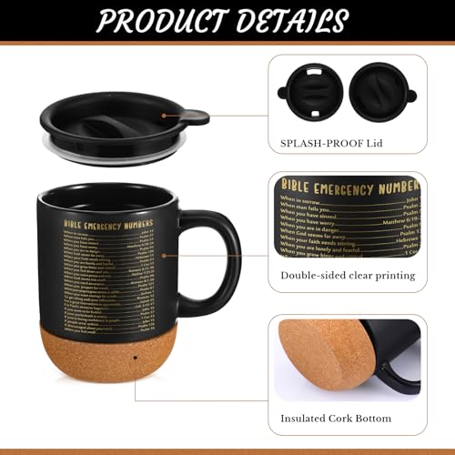 FillTouch 12-Piece Christian Mugs Set 15 oz Black with Lids & Cork Bottom - Bulk Gift, Father’s Day/Pastor Appreciation