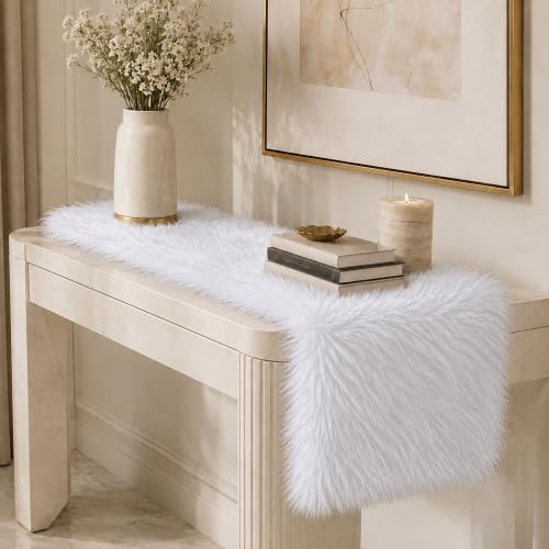 White Faux Fur Table Runner 11.8 x 59.0 Inch - TopAufell Christmas Holiday Decor