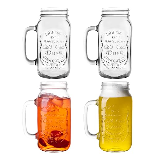 24 OZ Mason Jar Drinking Glasses with Handle - Set of 4, Dishwasher Safe