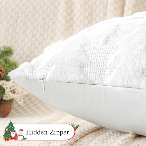 OTOSTAR 20x20 White Christmas Tree Plush Pillow Cover - Faux Fur Wool Cozy Throw Cushion