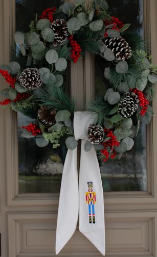 Christmas Nutcracker Embroidered Linen Wreath Sash for Front Door Decor