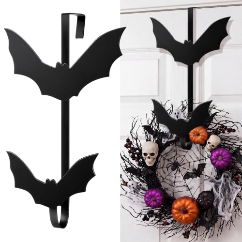 Halloween Bat Wreath Hanger - Over The Door Black Metal Hook (12 Inch)