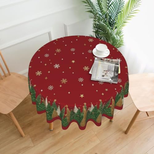 GOLIANDA Christmas Red Green Gold Tree Round Tablecloth 70 Inch Winter Snowflake Decorative Cover