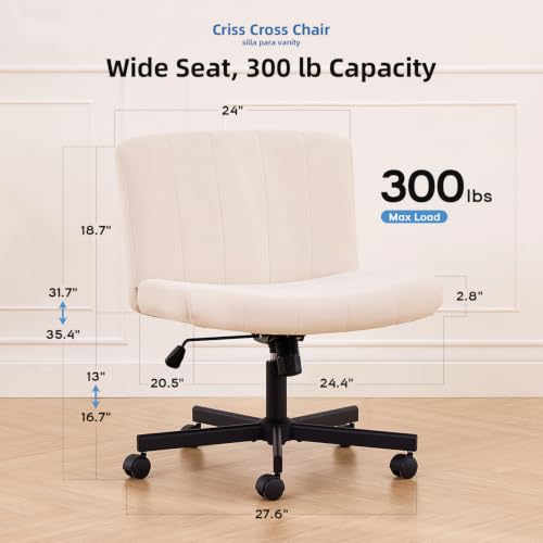 Wide Criss Cross Office Chair with Wheels, Armless Fabric Vanity Chair