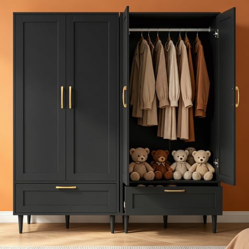 Modern 2-Door Bedroom Wardrobe with Hanging Rod and Drawer, 60-Inch Black