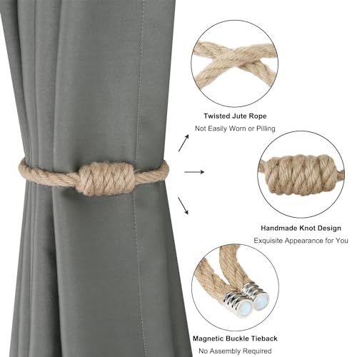 Magnetic Jute Curtain Tiebacks - Hand-Woven Boho Curtain Holdbacks (2 Pack)
