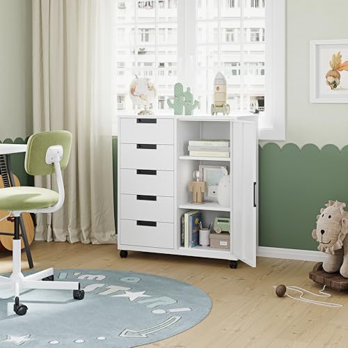 5-Drawer Metal Storage Cabinet with Shelves and Mobile Printer Stand