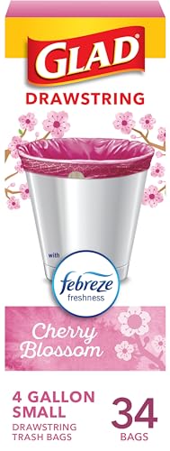 Glad Small Trash Bags 4 Gallon - Cherry Blossom Scented Garbage Bags with Drawstring, 34 Count